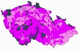 Výskyt radonu v Českém masívu, čím tmavší barva, tím vyšší výskyt radonu